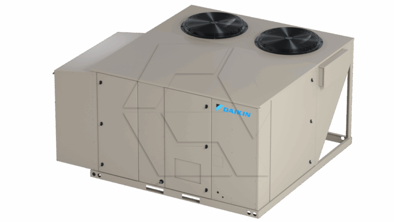 A large beige Daikin rooftop HVAC unit with two black circular fans on top and multiple access panels on the side, isolated on a white background.