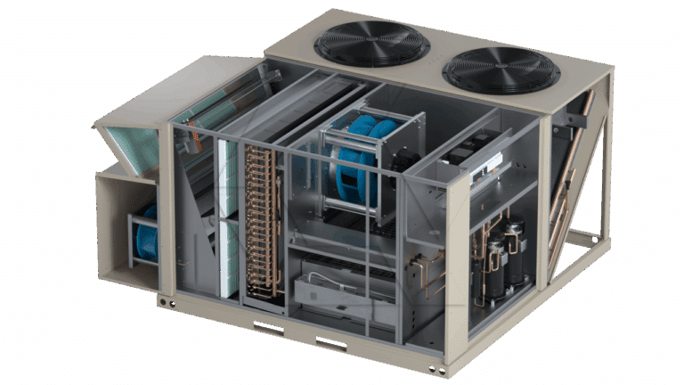 Cutaway view of a large industrial HVAC rooftop unit showing internal components, including fans, coils, compressors, ducts, and wiring, with two large circular fans on top.