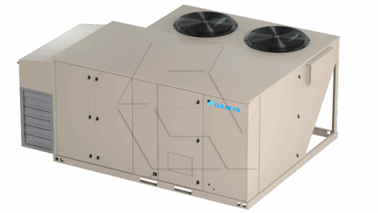 A large, beige commercial HVAC rooftop unit with two black circular fans on top and metal air vents on the side. The unit is branded “Daikin” with a blue logo.