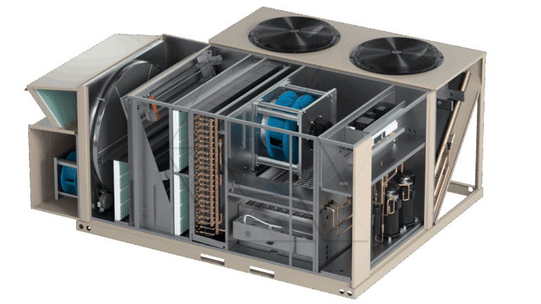A large commercial HVAC unit with its side panel removed, revealing internal components such as fans, coils, compressors, filters, and ductwork, all housed within a metal rectangular frame.