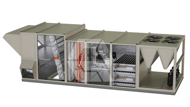 A cutaway view of a large industrial HVAC unit, showing interior components like fans, coils, filters, and ducting, with several sections for airflow and air treatment.