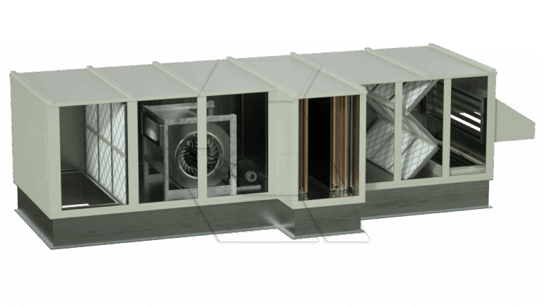 A cutaway view of a large industrial HVAC unit, illustrating internal components like filters, a fan, coils, and ducts in separate compartments from the Equipment Library - Air Units collection.