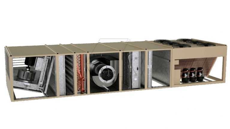 Cutaway view of an industrial HVAC rooftop unit showing internal components, including fans, coils, compressors, and filters, revealing the airflow and mechanical structure inside the metal housing.