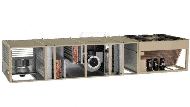 A cutaway view of a large commercial HVAC unit showing internal components like fans, filters, coils, and compressors, with an exterior metal casing and visible ventilation elements.