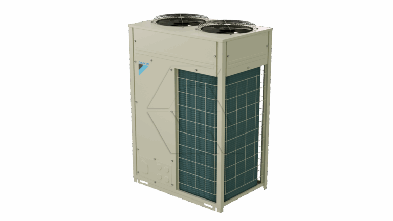 A large beige outdoor air conditioning unit with two circular fans on top and a prominent blue vented grid on the side, standing against a plain white background.