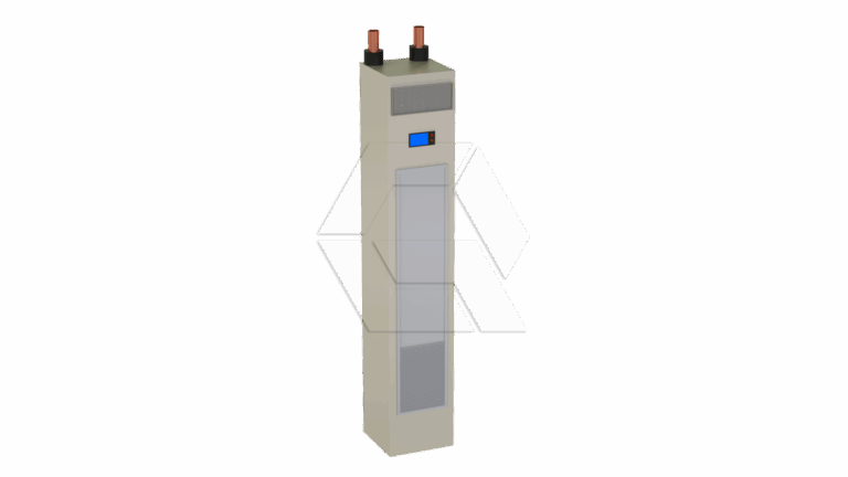 A tall, rectangular industrial device with a display screen, vents, and two protruding copper pipes on top, set against a plain white background.