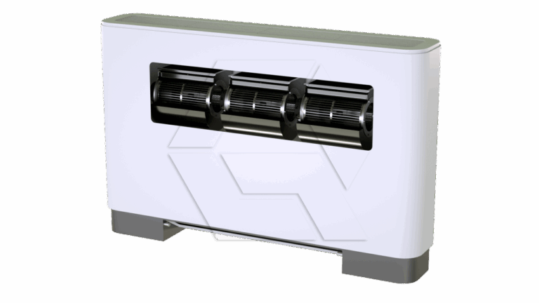 A white rectangular air conditioning unit with a visible black fan mechanism inside, set against a plain background. The unit has a modern design with rounded edges and gray base accents.