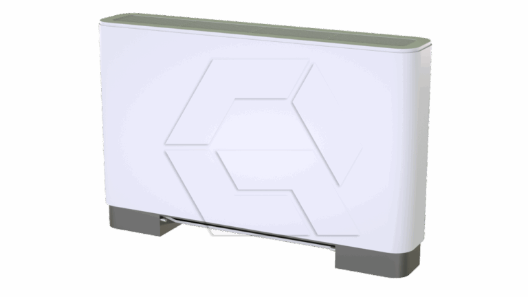 A modern, rectangular white air purifier or heater unit with a grey top grille and grey base, set against a plain white background.