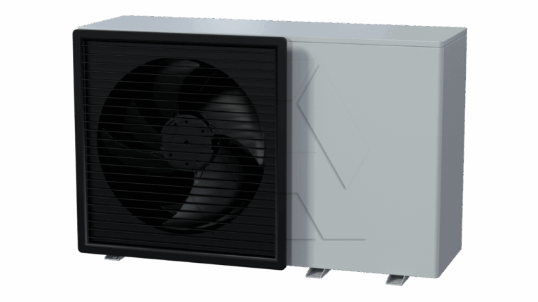 A modern, rectangular outdoor air conditioning unit with a large black fan covered by a protective grille, and a gray metal casing on a light background.