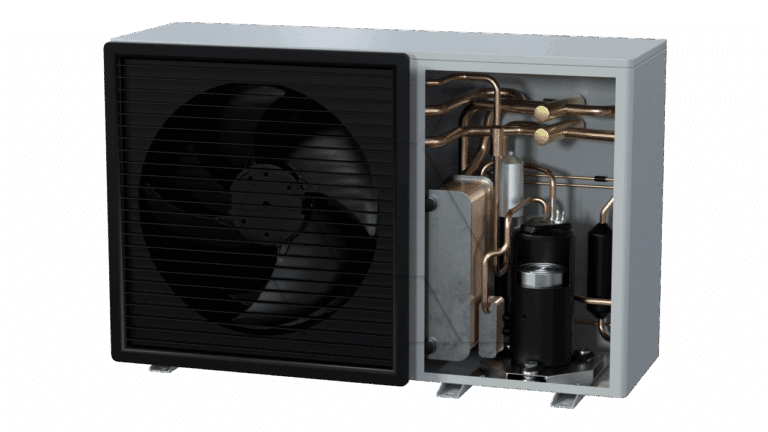 A partially open outdoor air conditioning unit, showing internal components like copper pipes, compressor, and fan with a black grill on the left side. The unit is metallic with a clean, modern design.