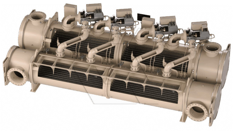 A large industrial chiller unit with multiple cylindrical sections, heat exchanger coils, and attached control systems on top, primarily beige in color, used for cooling processes in commercial facilities.