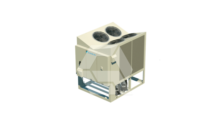 A beige industrial HVAC unit with two large circular fans on top, metal grilles on the sides, and the Daikin logo on the front, set against a plain white background.