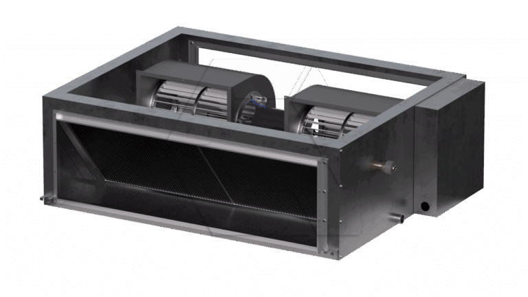 A 3D-rendered image of an industrial air handling unit with two cylindrical fans inside a rectangular metal casing, featuring a black mesh front and side fittings.