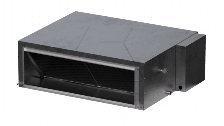 A rectangular metal air duct unit with a large open vent in front, featuring a matte, slightly weathered surface and a small cylindrical pipe attachment on the side.