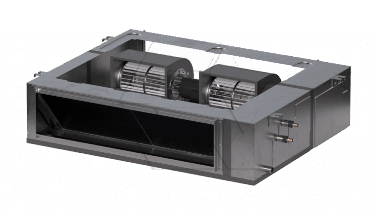 A rectangular metal HVAC duct unit with twin cylindrical fans inside, visible wiring, and copper pipe fittings on the right side, used for air circulation and ventilation systems.