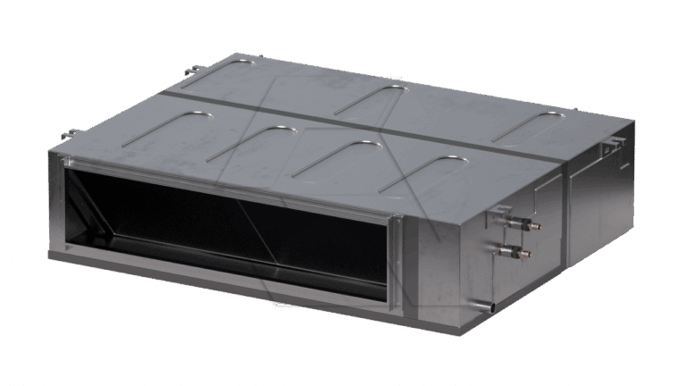 A rectangular, metallic HVAC duct unit with a large open vent on one side and two copper pipes on the right, shown against a plain white background.