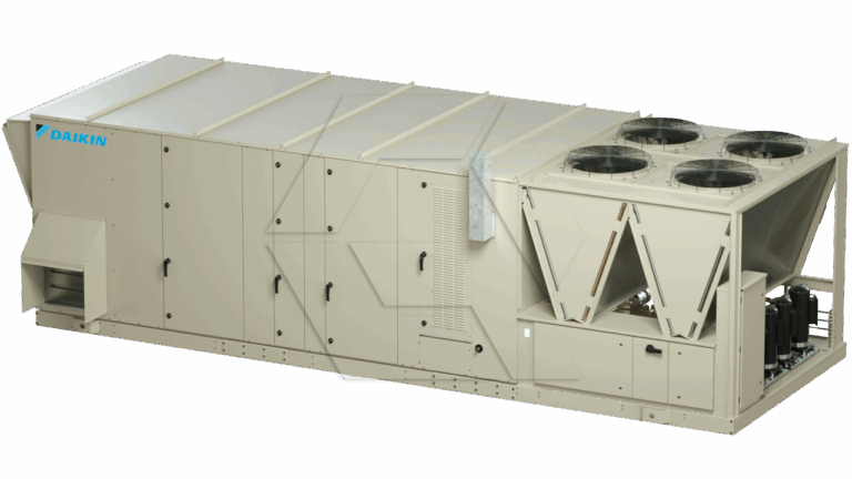 A large beige industrial HVAC unit with the Daikin logo, featuring multiple panels, ventilation grilles, and four large fans on top, designed for commercial heating and cooling applications.
