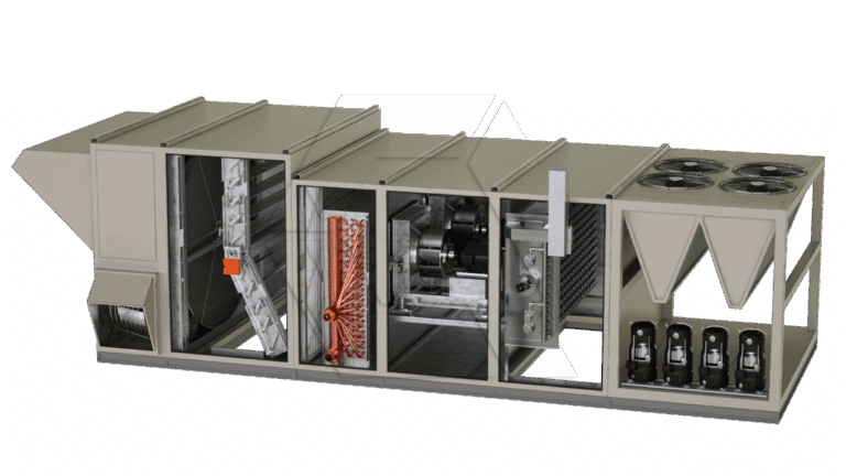 A large industrial HVAC unit is shown in a cutaway view, revealing internal components such as fans, coils, filters, ducts, motors, and cooling fans on top. The unit is metallic and rectangular in shape.