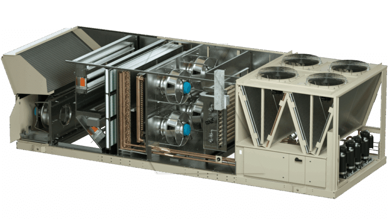 A large commercial HVAC rooftop unit is shown with a cutaway view revealing internal components such as fans, coils, copper piping, filters, and multiple large cooling fans on the exterior.