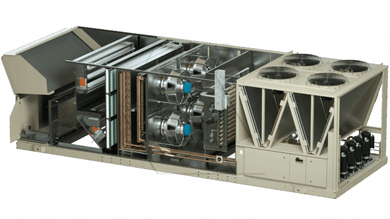 Cutaway view of a large rooftop HVAC unit showing internal components, including fans, coils, filters, ducts, compressors, and condenser fans, with a beige metal exterior.