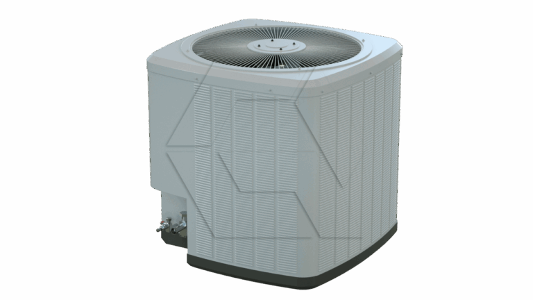 A gray, rectangular outdoor air conditioning unit with a large circular fan on top and vented sides, standing on a dark base against a plain white background.