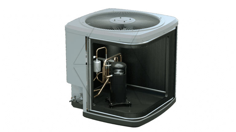 A cutaway view of a residential air conditioning unit showing internal components such as copper pipes, a compressor, and condenser coils. The front panel is removed to reveal the inner workings.