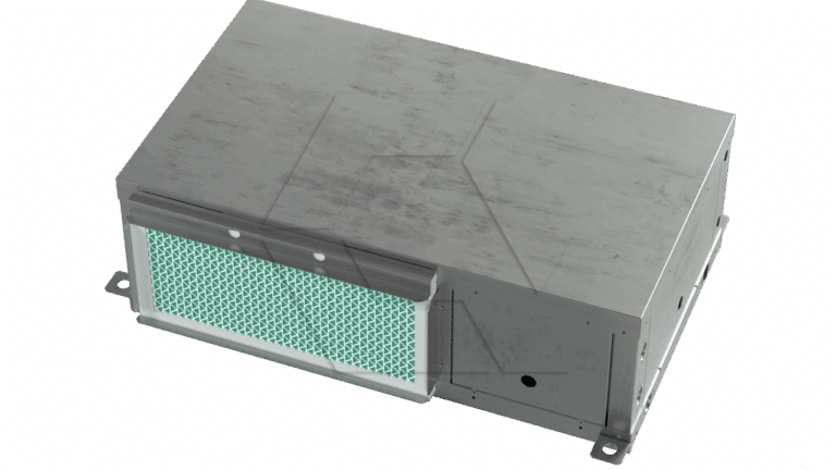 A rectangular metallic box with a perforated front panel featuring a grid-like pattern, possibly an industrial filter or electronic enclosure, shown against a plain white background.