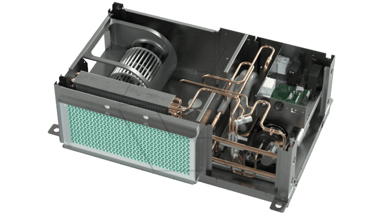 A detailed view of an open HVAC unit showing internal components, including copper pipes, a fan, electronic circuit board, and a green air filter in the front.