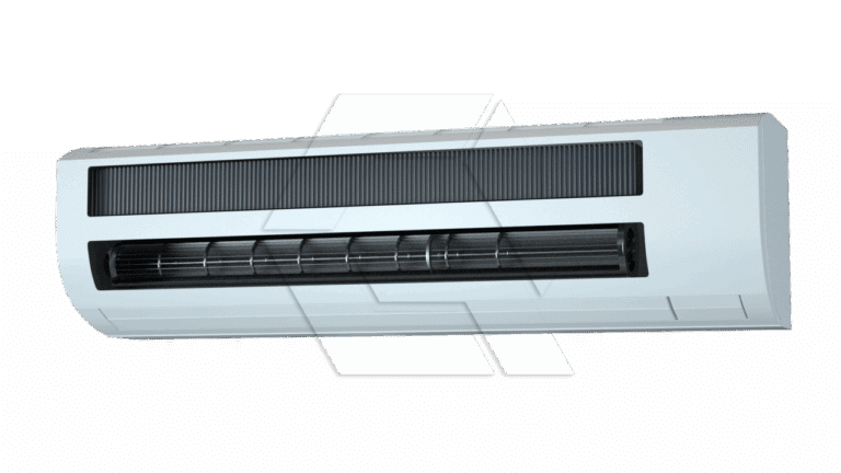 A modern white wall-mounted air conditioner unit with black vents is shown against a plain light background.