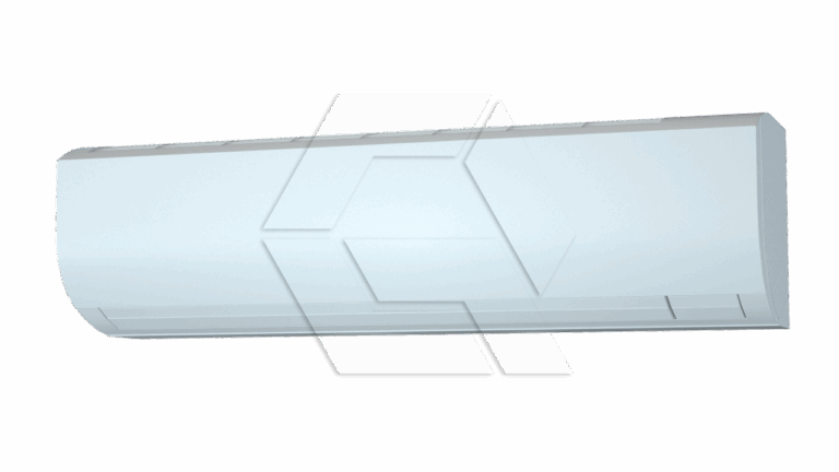 A modern white wall-mounted air conditioner unit with a sleek, rectangular design, shown against a plain light background.