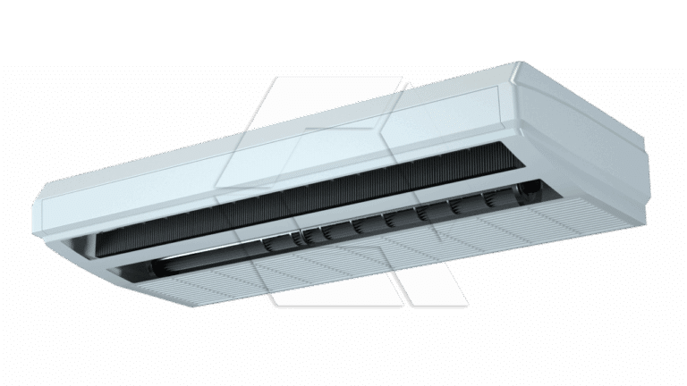 A ceiling-mounted air conditioning unit with vents and slats, viewed from below against a plain white background.