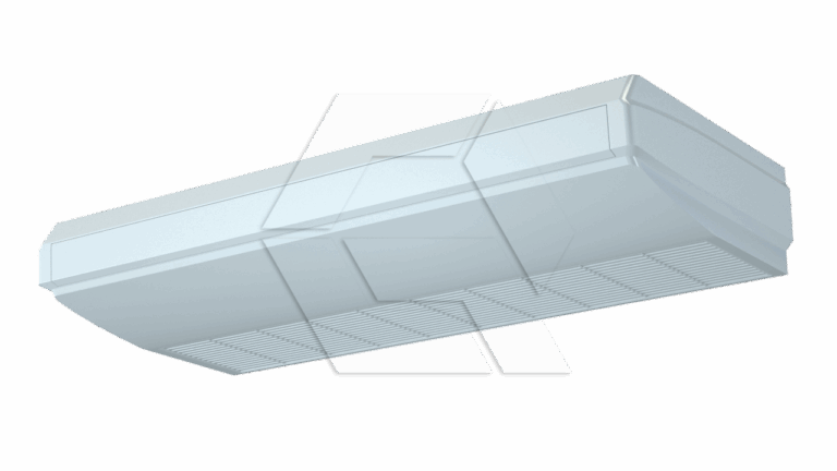 A white, rectangular air conditioning or ventilation unit mounted on a ceiling, viewed from below at an angle. The unit features a vented grill along the bottom for airflow.