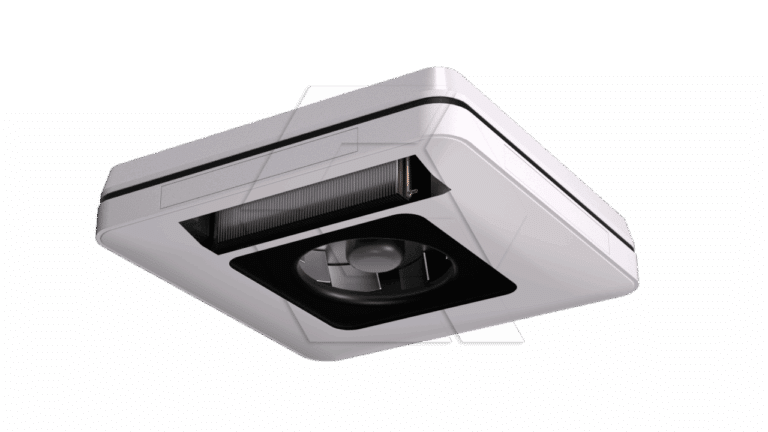 A modern, square-shaped white ceiling-mounted ventilation fan with a central circular vent and black detailing on the underside, set against a plain white background.