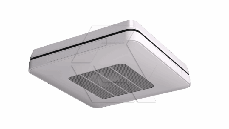 A white, rectangular ceiling-mounted air vent or HVAC unit with a central grille and rounded edges, viewed from below against a plain background.