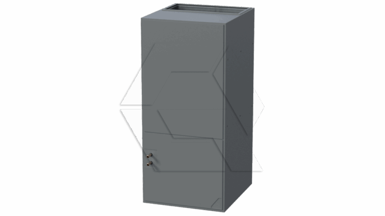A plain, rectangular, gray metal HVAC furnace unit is shown standing upright against a light background. The unit has a flat top, visible seams, and two copper pipes protruding from the lower left front panel.
