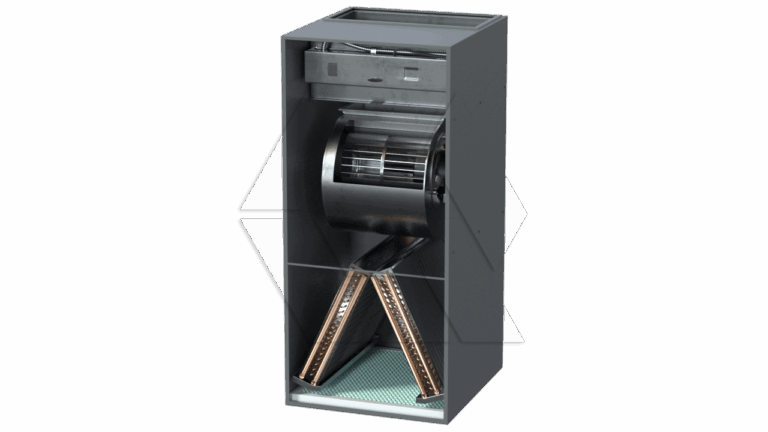 A cutaway view of a metal furnace unit shows internal components, including a blower fan, heater coils, filter, and duct pathways. The unit is rectangular and stands upright on a white background.