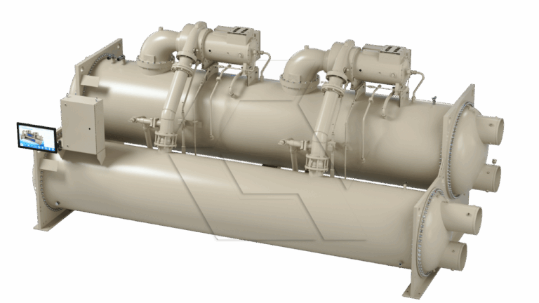 A large industrial chiller with two cylindrical units, multiple pipes, and control valves. A control panel with a touchscreen display is attached to one side. The equipment is beige and mounted on a metal frame.