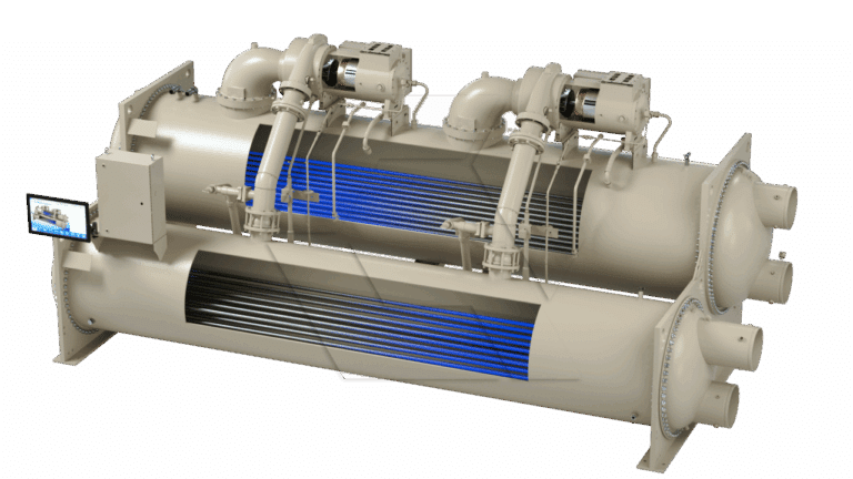 Industrial water-cooled chiller featuring two large cylindrical heat exchangers with visible blue cooling coils, multiple pipes, control valves, and an attached touchscreen control panel, all against a plain background.