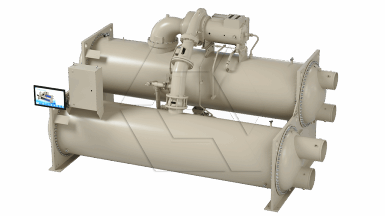 Industrial chiller unit with two large cylindrical components, control box, attached piping, and a digital display screen showing operational data on the left side.