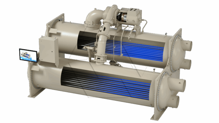 A large industrial chiller unit with two cylindrical heat exchangers, visible blue cooling fins, control panels, and connected pipes, designed for cooling and HVAC systems.