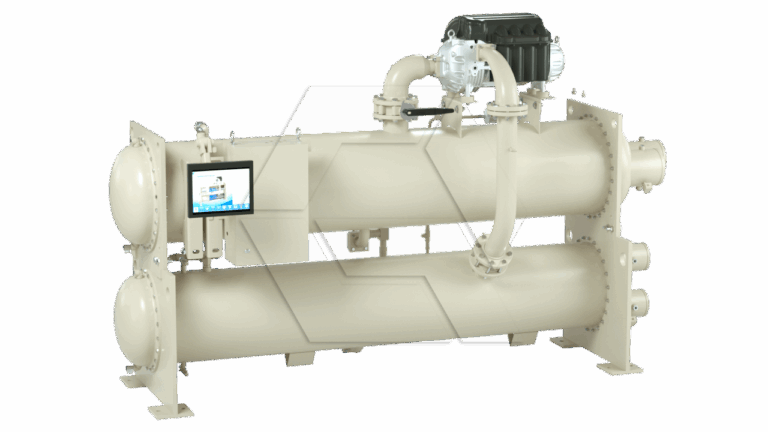 A large industrial chiller unit with two horizontal cylindrical components, a digital control panel on the left side, connecting pipes, and a black motor on top, set against a plain background.