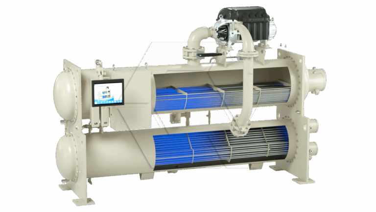 A large industrial heat exchanger with two cylindrical compartments, blue tubes inside, a control screen on the left, and a black motor with connected piping on top. The unit rests on four sturdy legs.