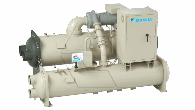 Large industrial chiller unit with a beige casing, visible pipes, control panel labeled "Daikin," and multiple connection points, used for cooling in commercial or industrial settings. The background is plain white.