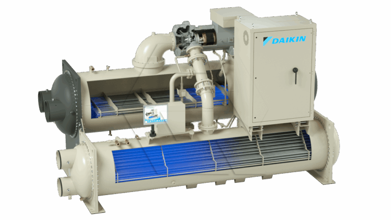 A large industrial chiller unit by Daikin, featuring cylindrical components with visible blue cooling coils and a control panel mounted on top right, all set against a plain white background.