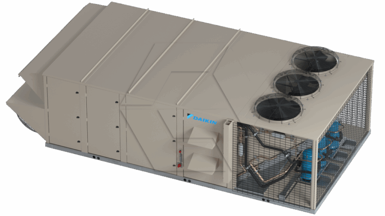 A large beige Daikin industrial HVAC rooftop unit with three circular fans on top, protective metal grating, and visible internal machinery components.