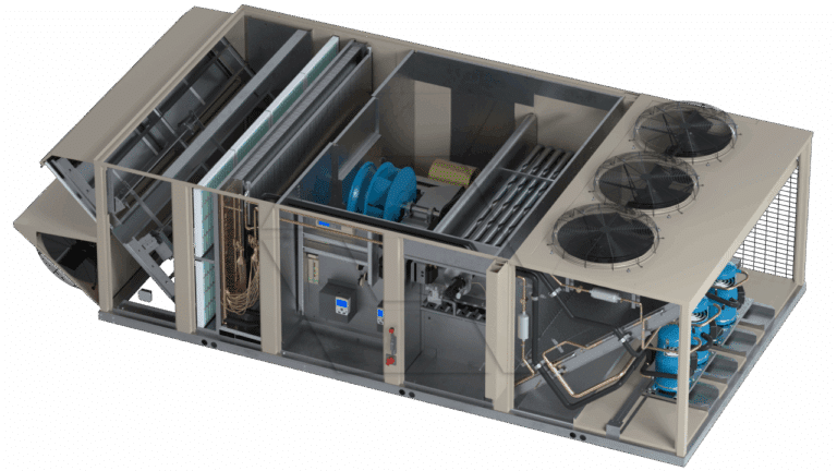 A large, industrial HVAC unit with its outer panels removed, showing internal components like fans, filters, coils, wiring, control panels, and pipes. Three circular fans are visible on the top right side.