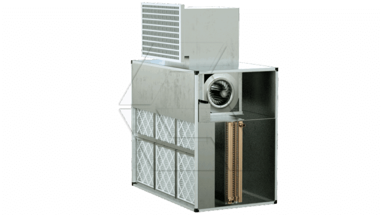 A metallic HVAC unit from the Equipment Library -Air Units, featuring visible air filters, a fan, copper coils, and an exhaust vent in a partially see-through cutaway to reveal its internal components.