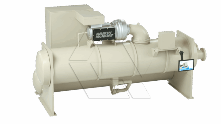 A large beige industrial chiller unit labeled "Daikin McQuay" with a visible control panel and display screen on the right side, standing on two flat base supports.