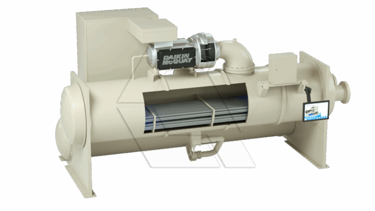 Industrial chiller unit with a visible Daikin McQuay motor on top. The side is partially cut away to show internal components, including coils. A small display screen is mounted on the front right side.