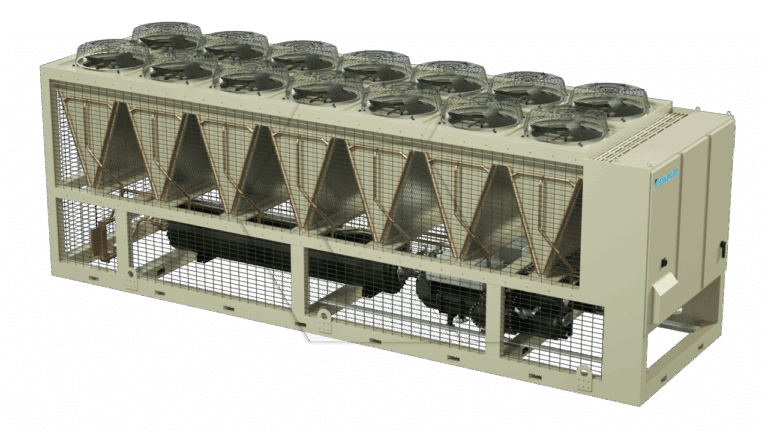 A large industrial HVAC chiller unit with multiple cooling fans on top, metal casing, mesh panels on the sides, and visible internal components.